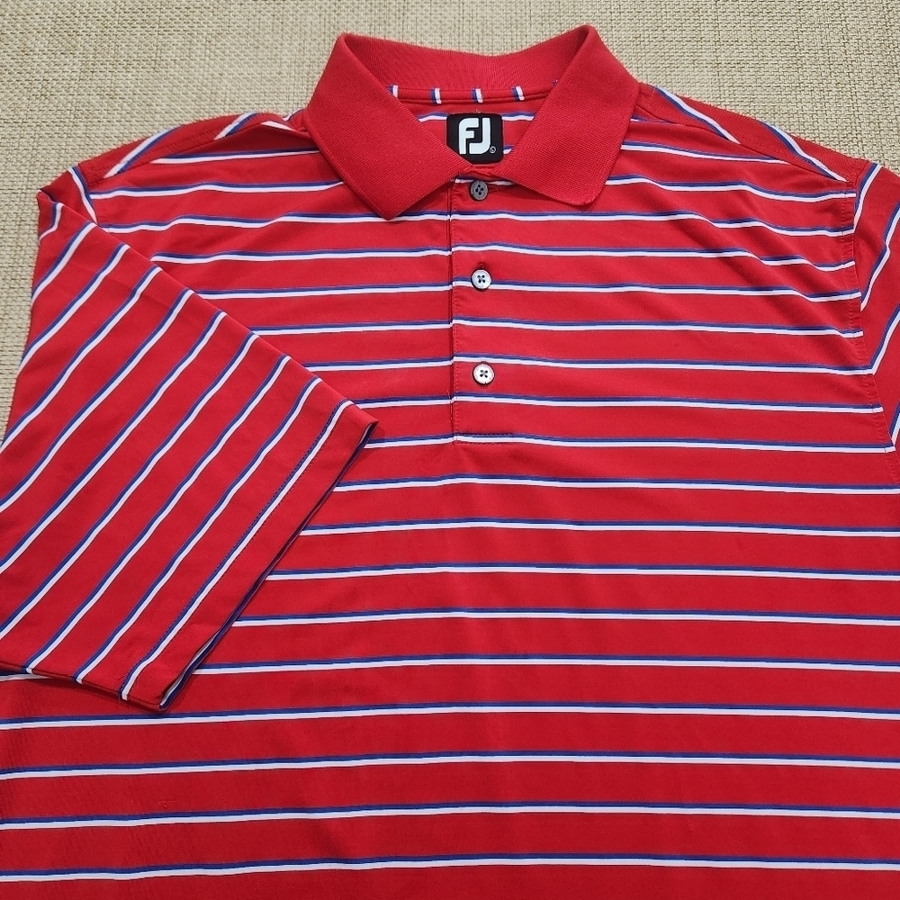 FootJoy FJ Golf Polo Shirt Mens Large Red White Blue Striped Polyester Stretch‎